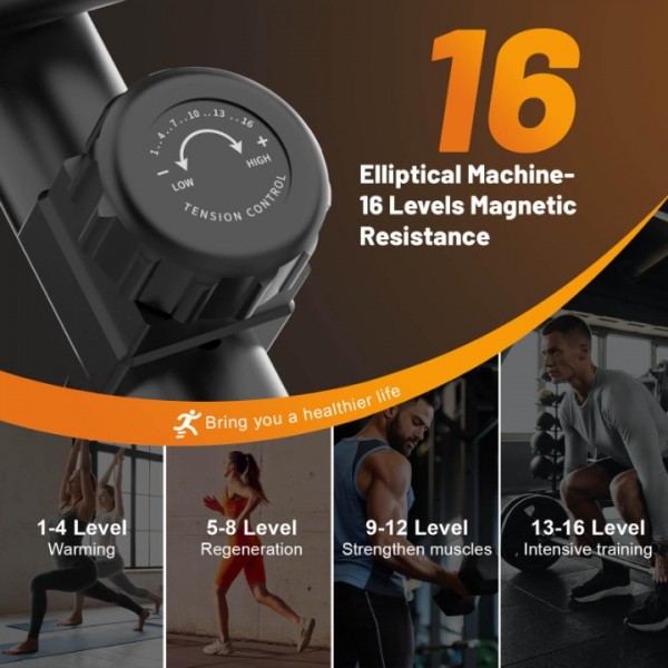 Cowmew Magnetic Elliptical Exercise Machine Quiet & Smooth Elliptical Training Machines with 16 Levels, Indoor Cardio Equipment for Home